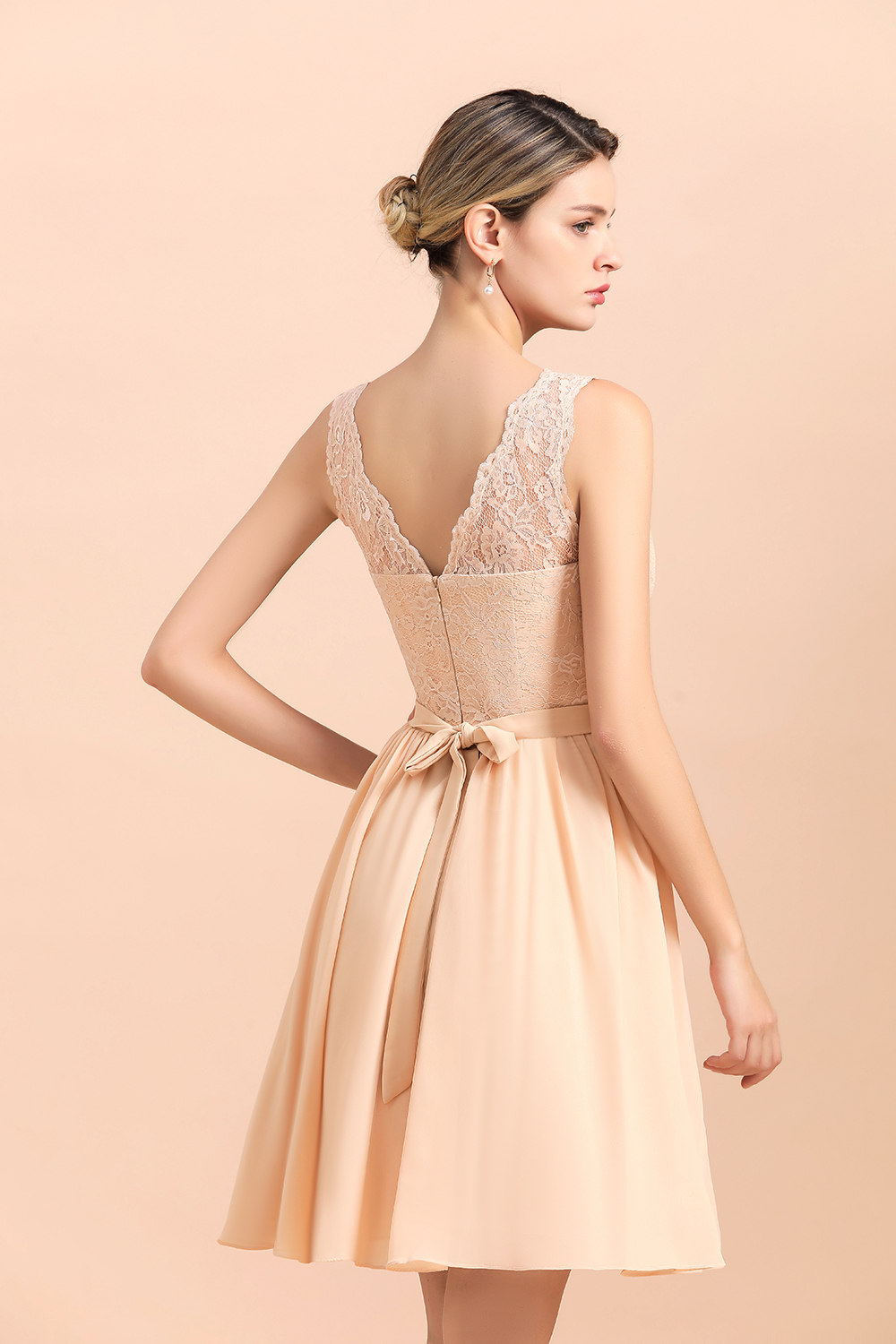 Cute Sleeveless Lace A-Line Knee Length V-neck Backless Bridesmaid Dress