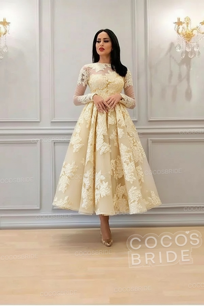 Elegant Short A-line High Neck Lace Ankle Length Formal Evening Dress with Sleeves