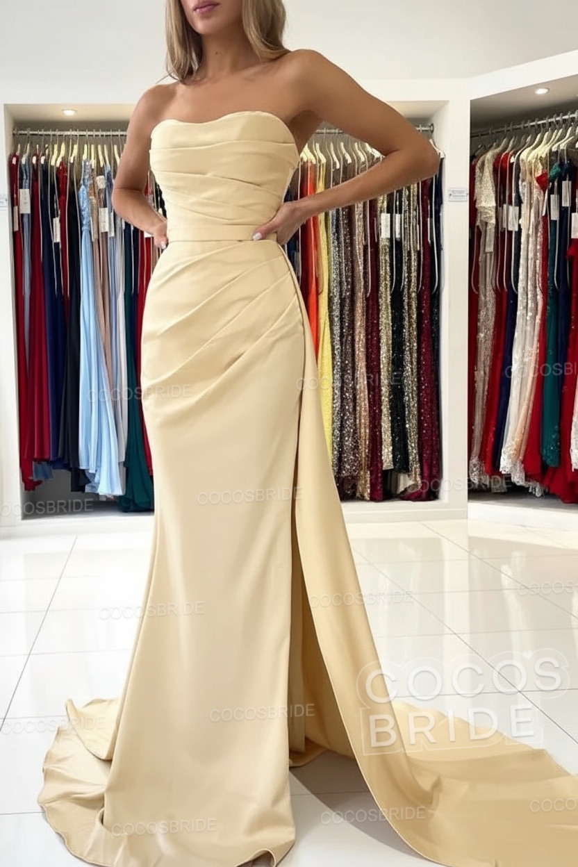 Long Mermaid Strapless Satin Prom Dress with Slit