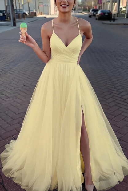 Long Spaghetti Straps V-neck A-Line Tulle Prom Dress With Side Slit