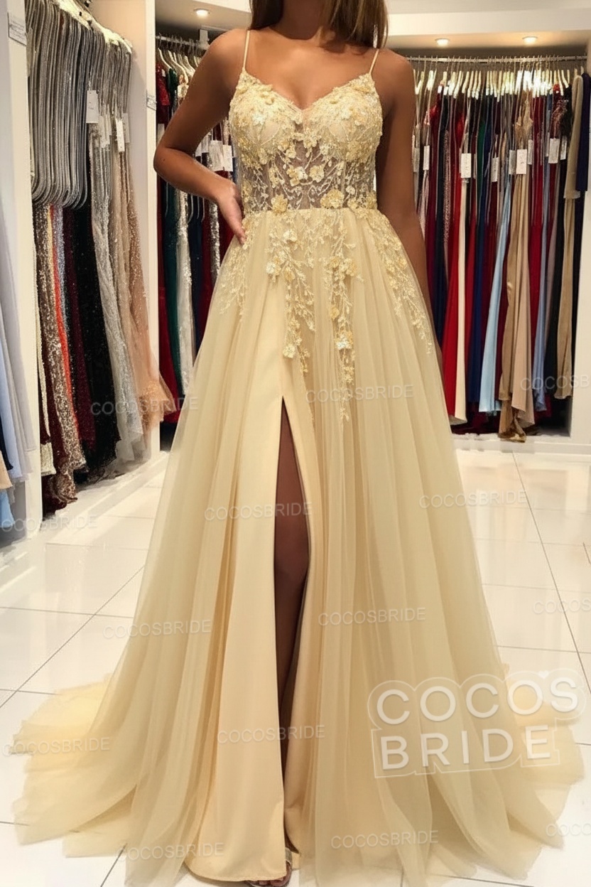 Long A-line V-neck Spaghetti Straps Open Back Prom Dress with Slit