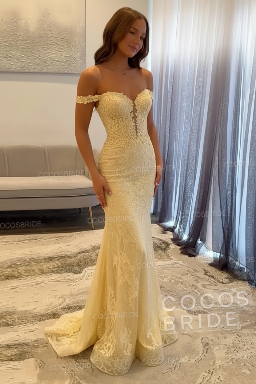 Dark Navy Long Mermaid Off the Shoulder Lace Prom Dress