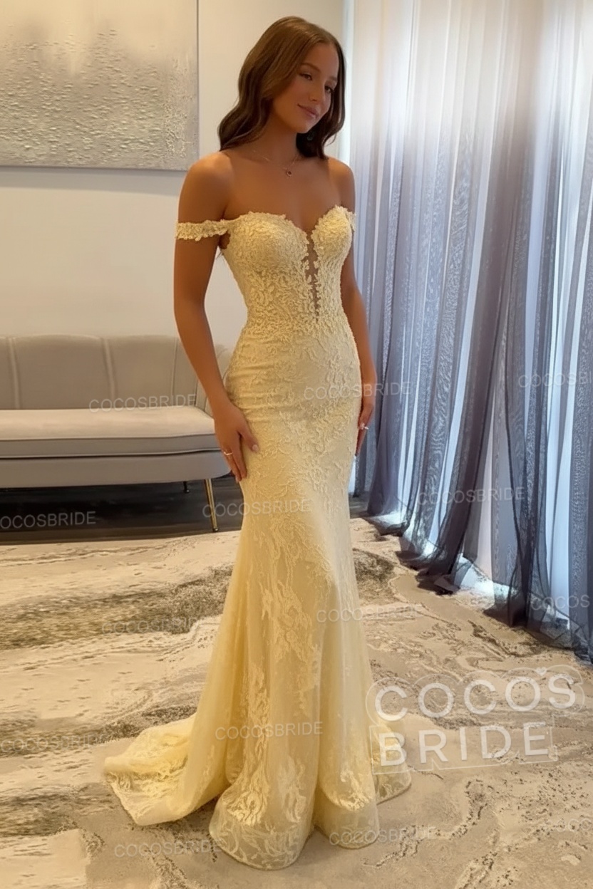 Dark Navy Long Mermaid Off the Shoulder Lace Prom Dress