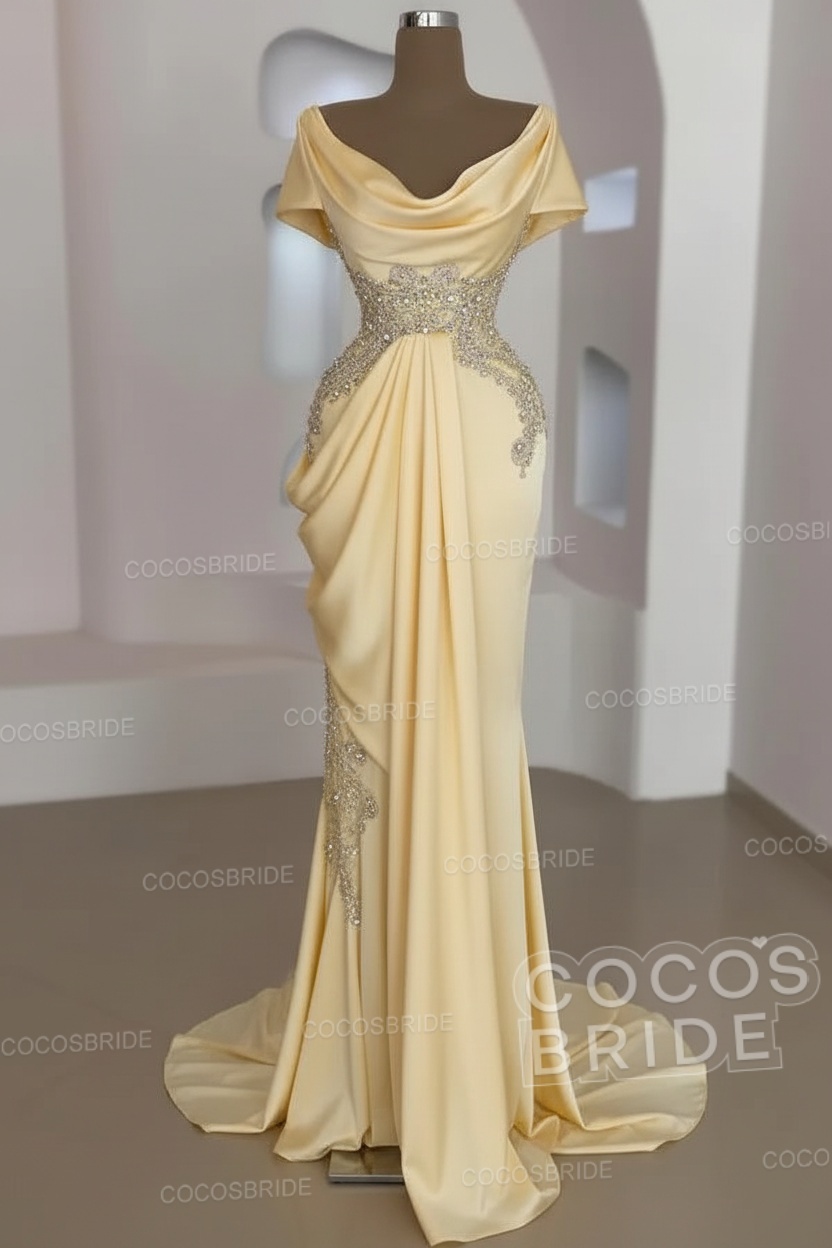 Mermaid Cowl Neck Satin Long Prom Dresses with Short Sleeves