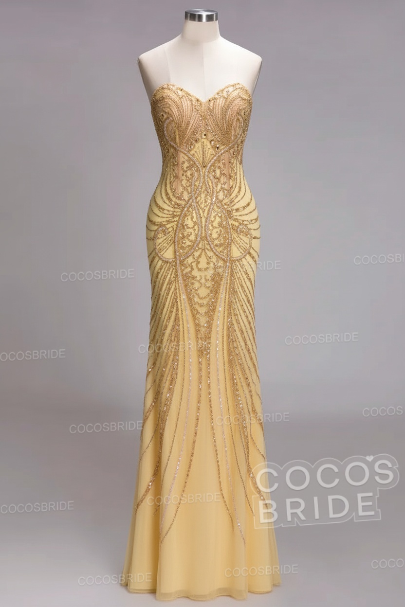 Mermaid Strapless Sweetheart Long Sequined Formal Evening Dresses with Beads