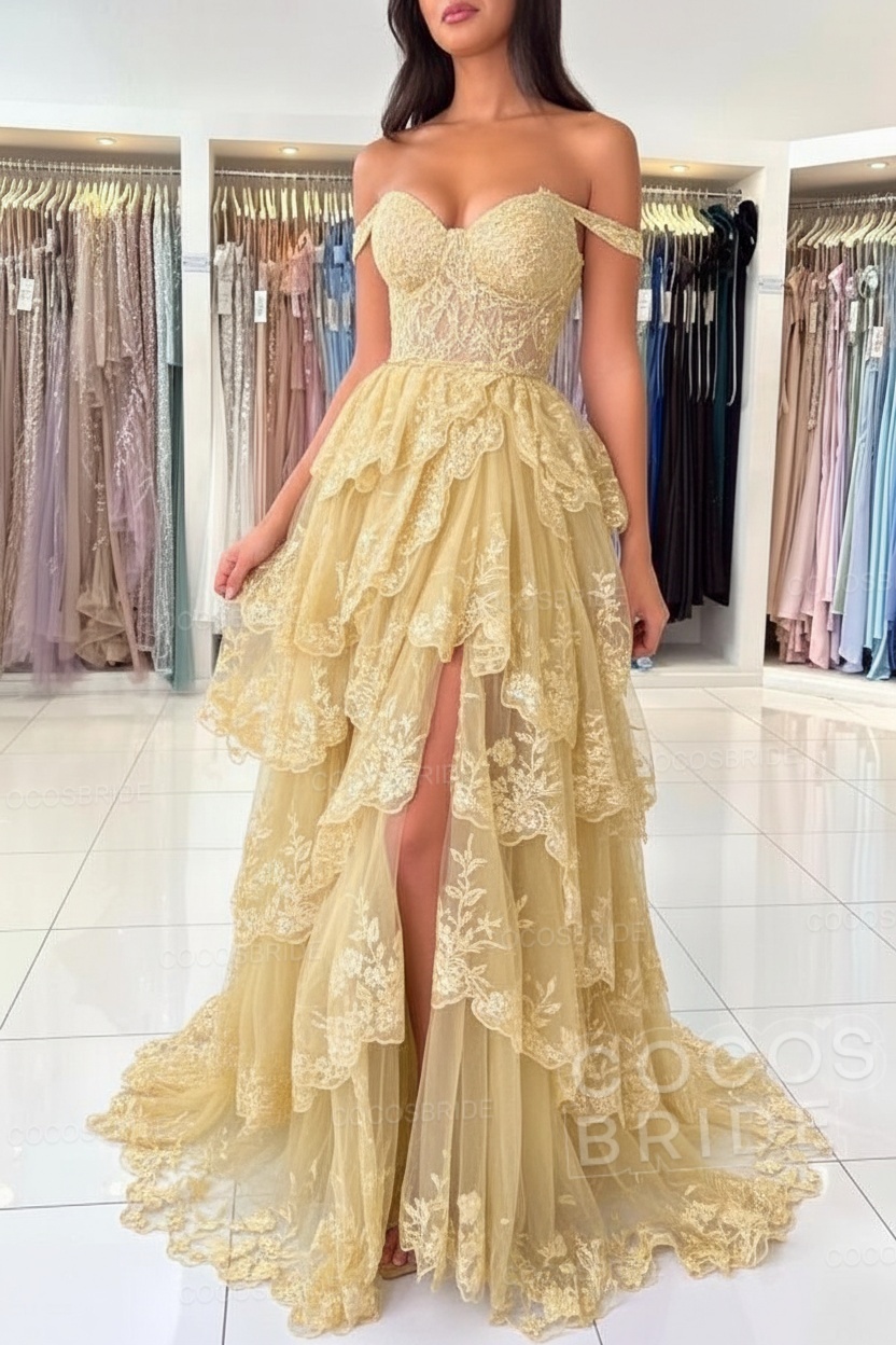 Off The Shoulder Sweetheart Lace A-Line Long Prom Dress with Slit