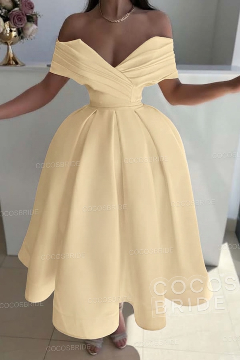 Off the Shoulder A-Line Satin Prom Dress with Pleated