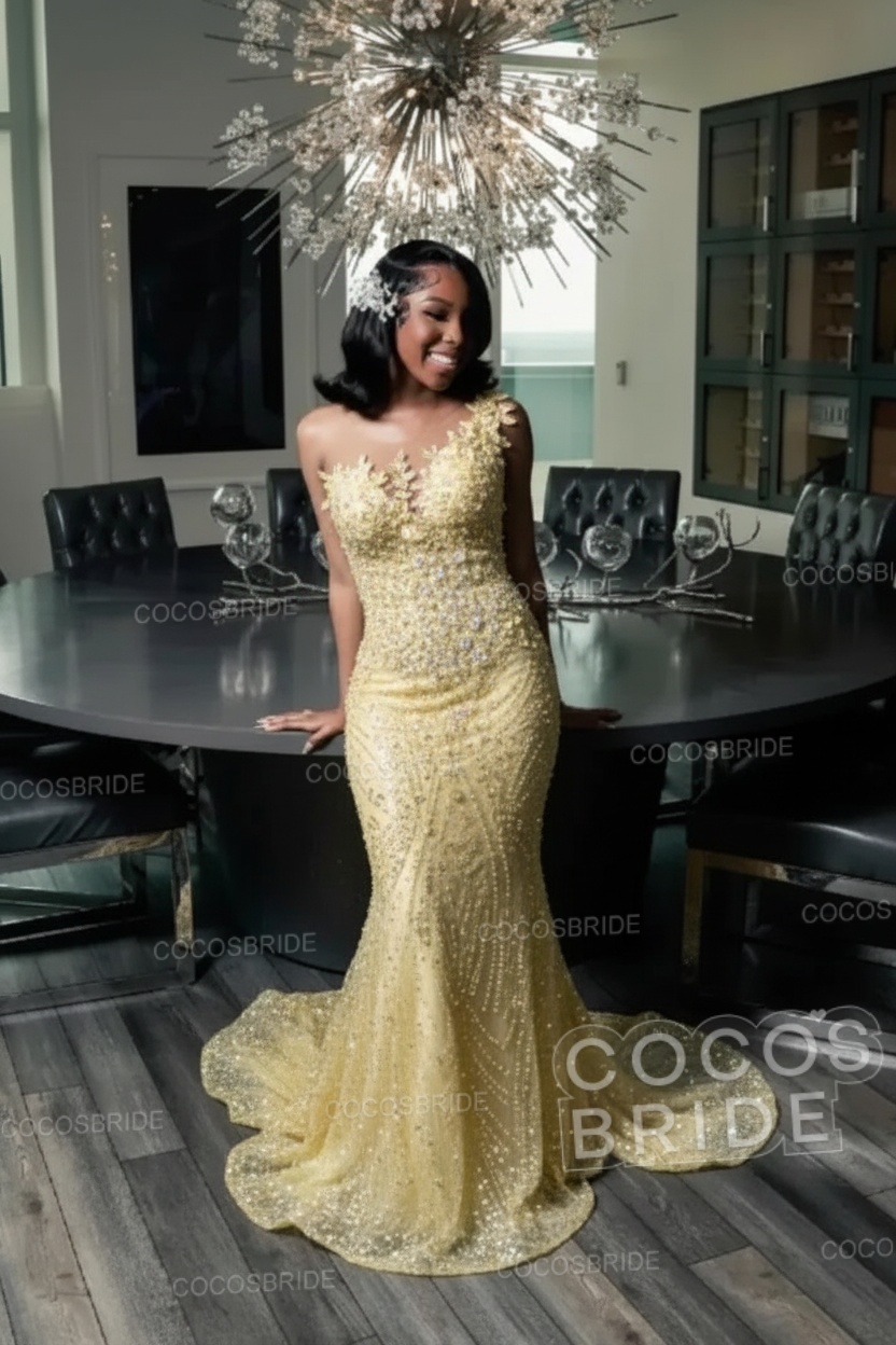 One Shoulder Sleeveless Mermaid Prom Dress with Beaded