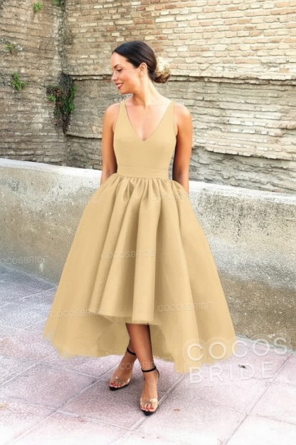 Simple Black V-neck Sleeveless Asymmetrical A-Line Prom Dresses