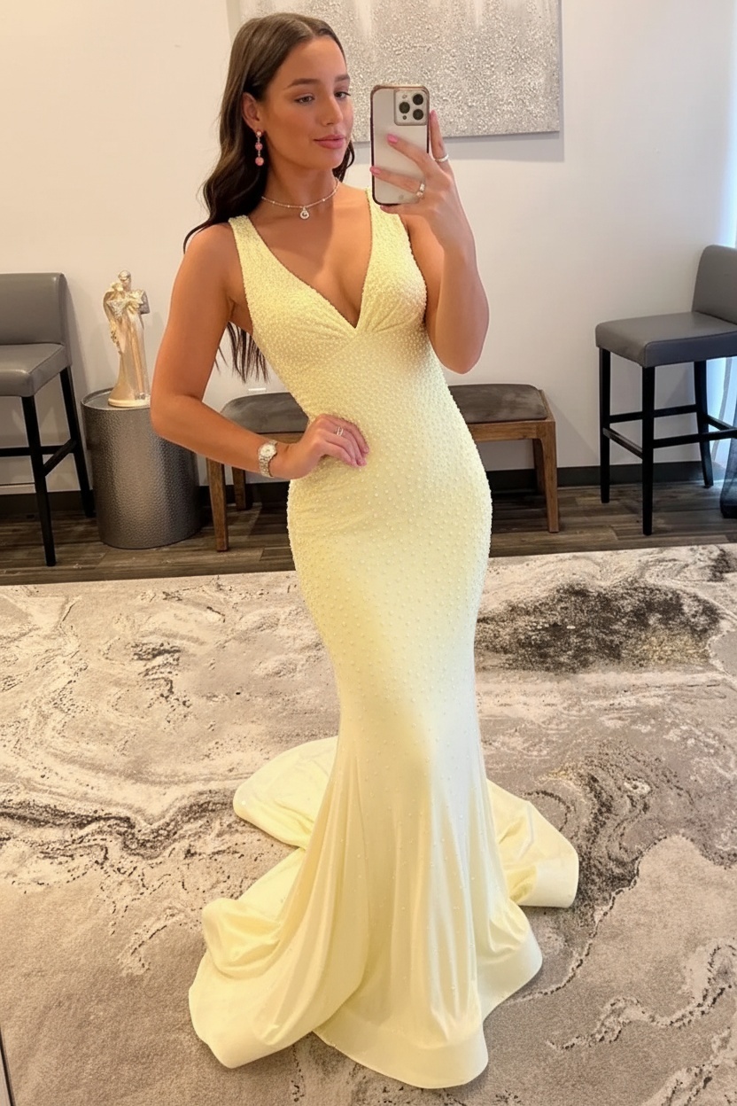 Orange Long Mermaid V neck Sequin Backless Prom Dress