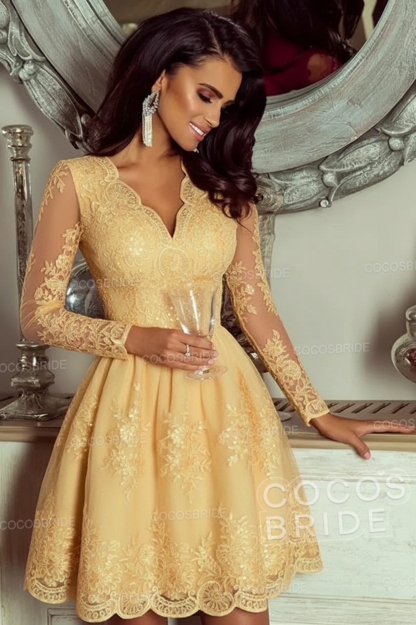 Elegant Short A-line V-neck Tulle Lace Homecoming Dresses with Sleeves