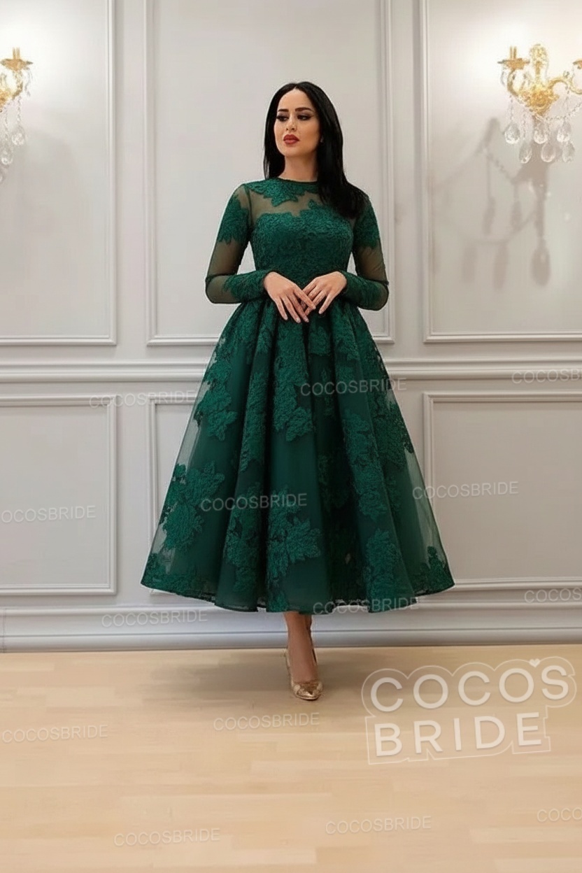 Elegant Short A-line High Neck Lace Ankle Length Formal Evening Dress with Sleeves