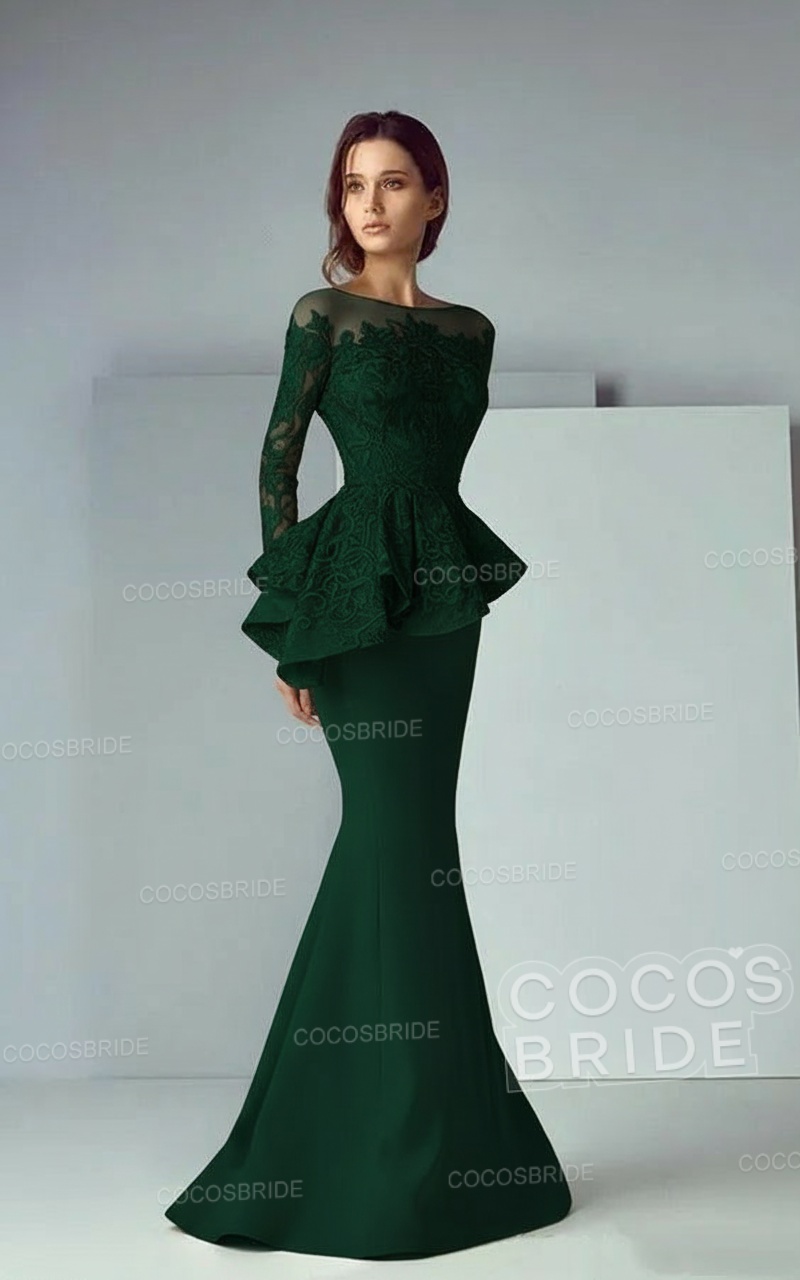Modest Long Mermaid Lace Satin Formal Prom Dresses with Sleeves