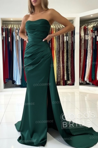 Long Mermaid Strapless Satin Prom Dress with Slit