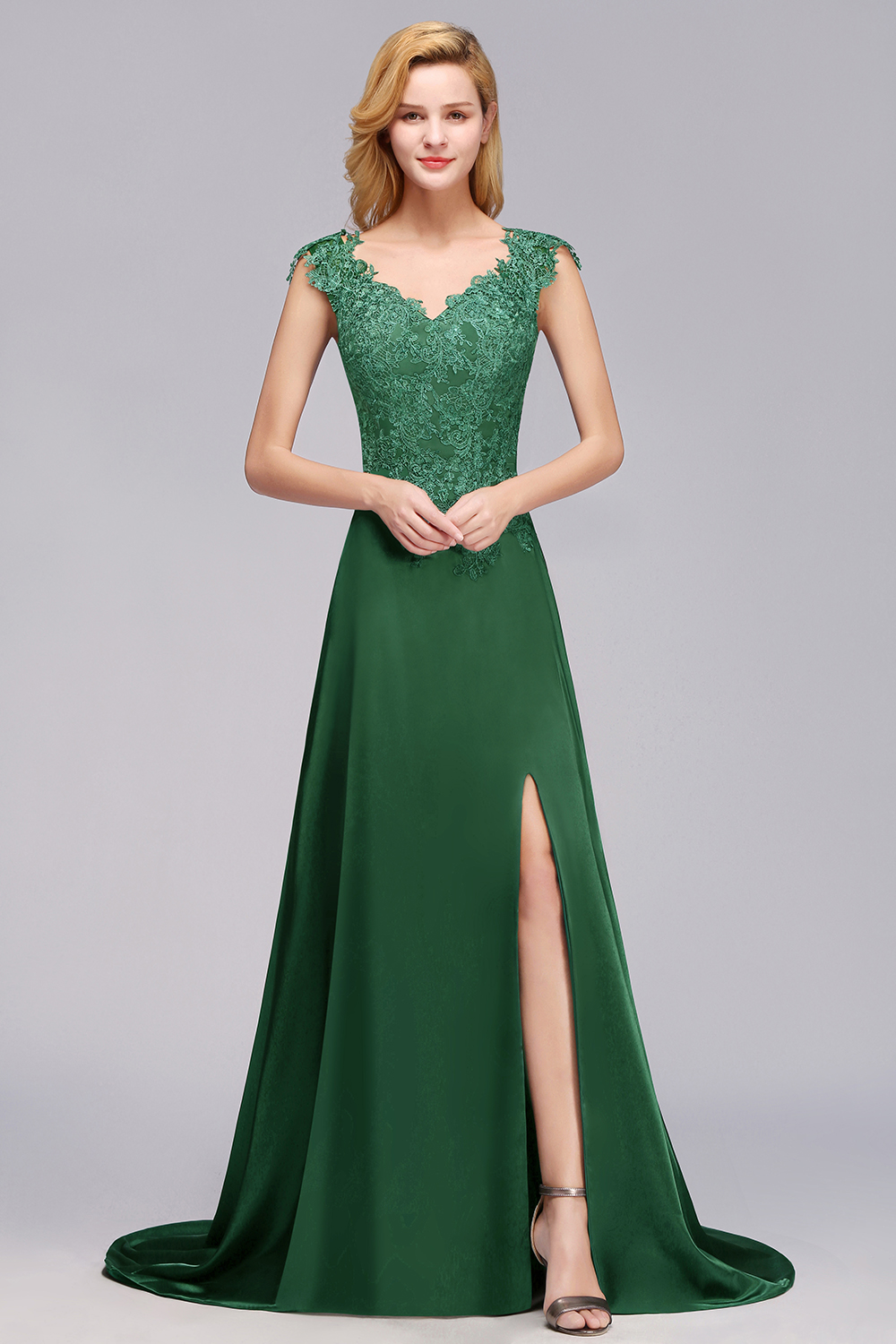 Dark Green A-line Lace Front-Slit Long Bridesmaid Dress