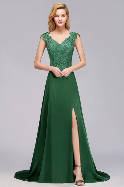 Dark Green A-line Lace Front-Slit Long Bridesmaid Dress