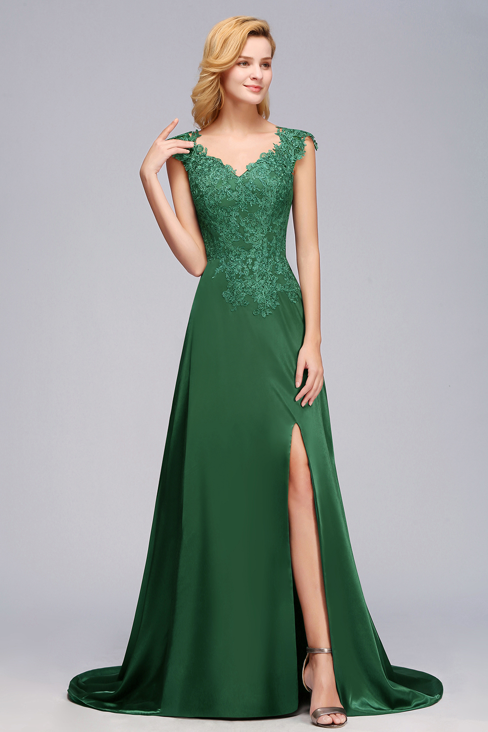 Dark Green A-line Lace Front-Slit Long Bridesmaid Dress