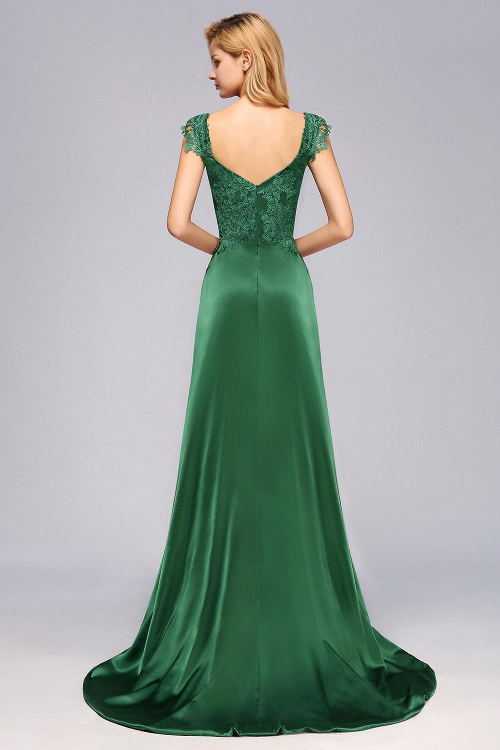 Dark Green A-line Lace Front-Slit Long Bridesmaid Dress