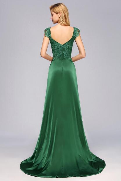 Dark Green A-line Lace Front-Slit Long Bridesmaid Dress