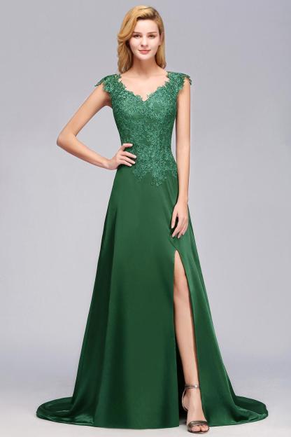 Dark Green A-line Lace Front-Slit Long Bridesmaid Dress