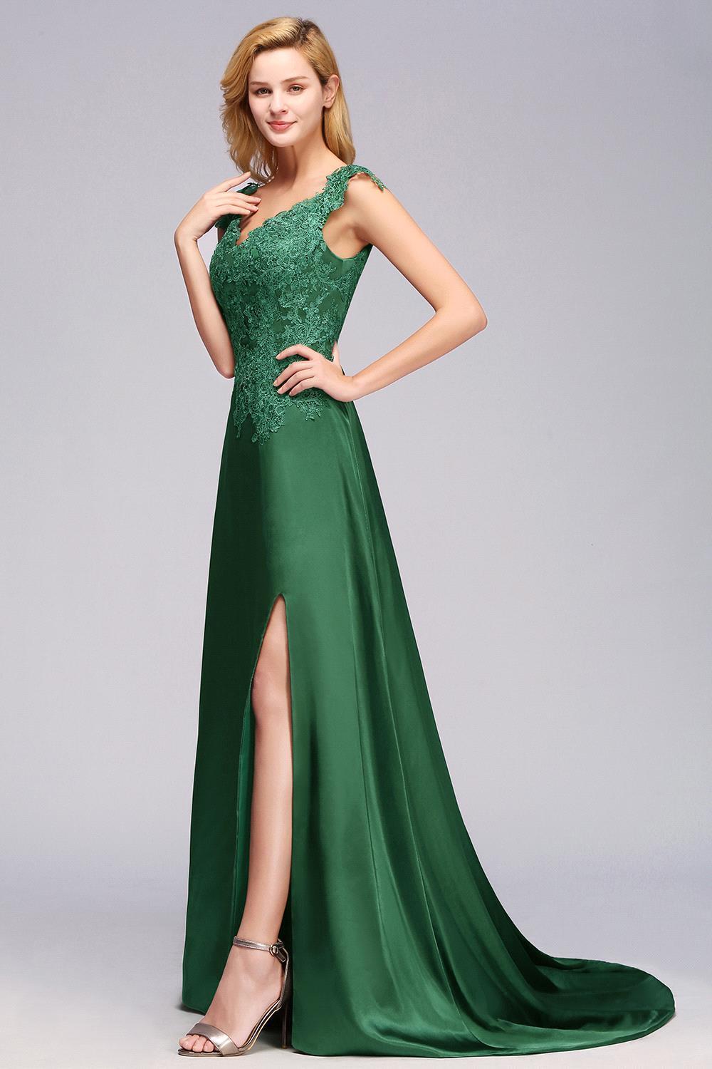Dark Green A-line Lace Front-Slit Long Bridesmaid Dress