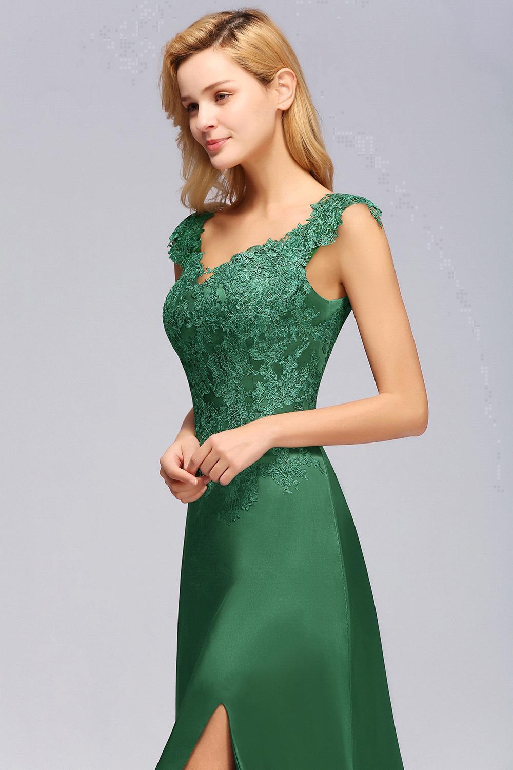 Dark Green A-line Lace Front-Slit Long Bridesmaid Dress