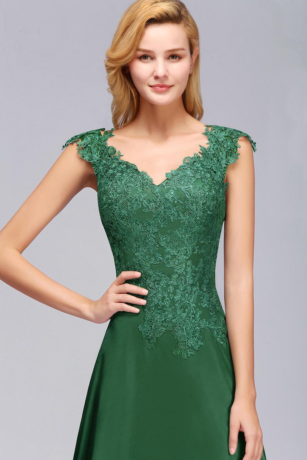 Dark Green A-line Lace Front-Slit Long Bridesmaid Dress