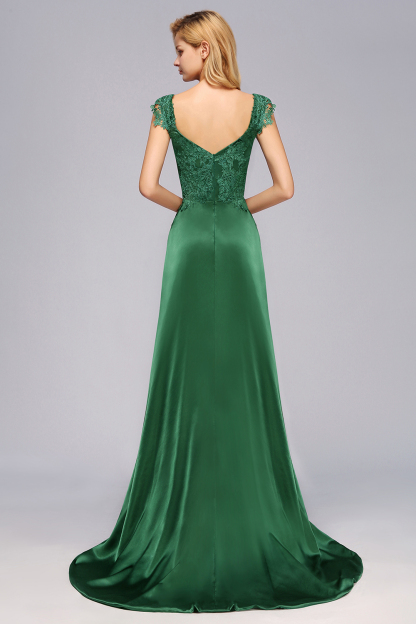 Dark Green A-line Lace Front-Slit Long Bridesmaid Dress