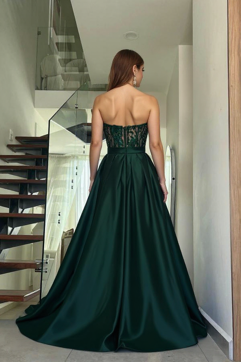 Dark Green Long A-line Sweetheart Satin Prom Dresses with Slit