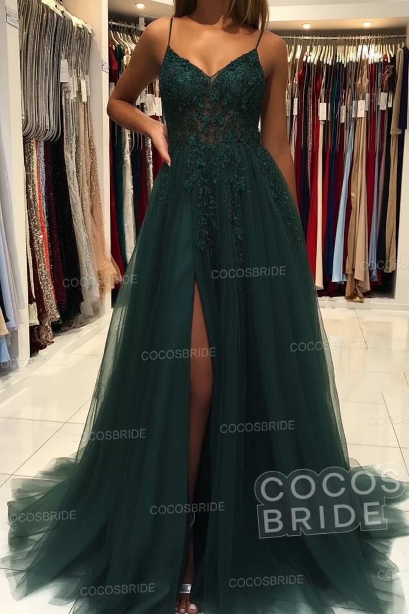 Long A-line V-neck Spaghetti Straps Open Back Prom Dress with Slit