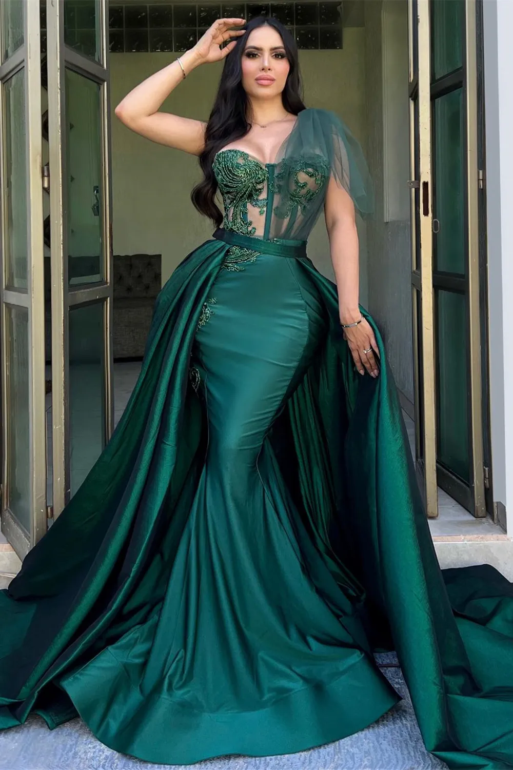 Dark Green Long Mermaid Satin Beaded Prom Dress with Detachable Train