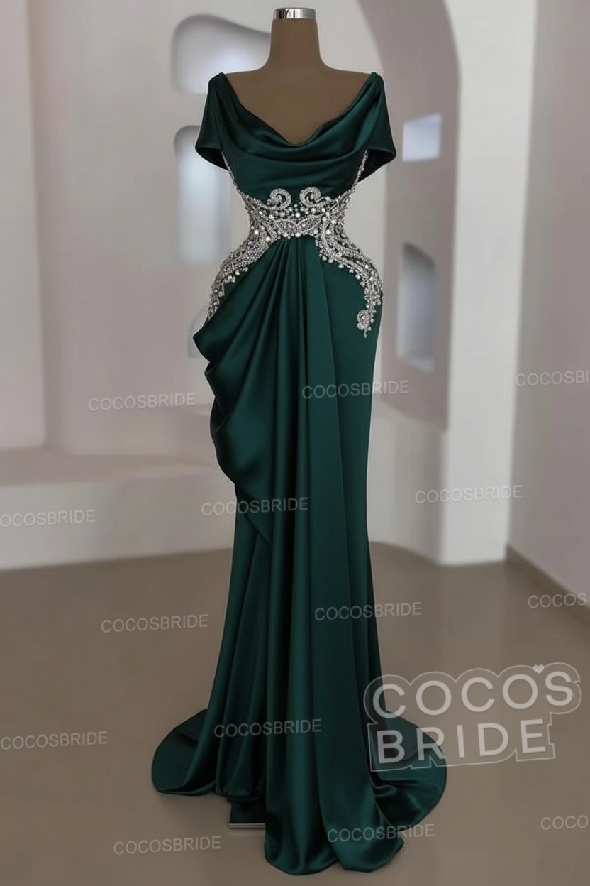 Mermaid Cowl Neck Satin Long Prom Dresses with Short Sleeves