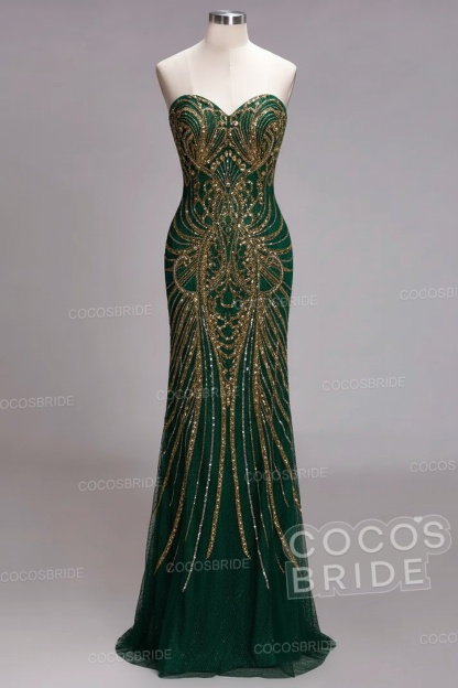 Mermaid Strapless Sweetheart Long Sequined Formal Evening Dresses with Beads
