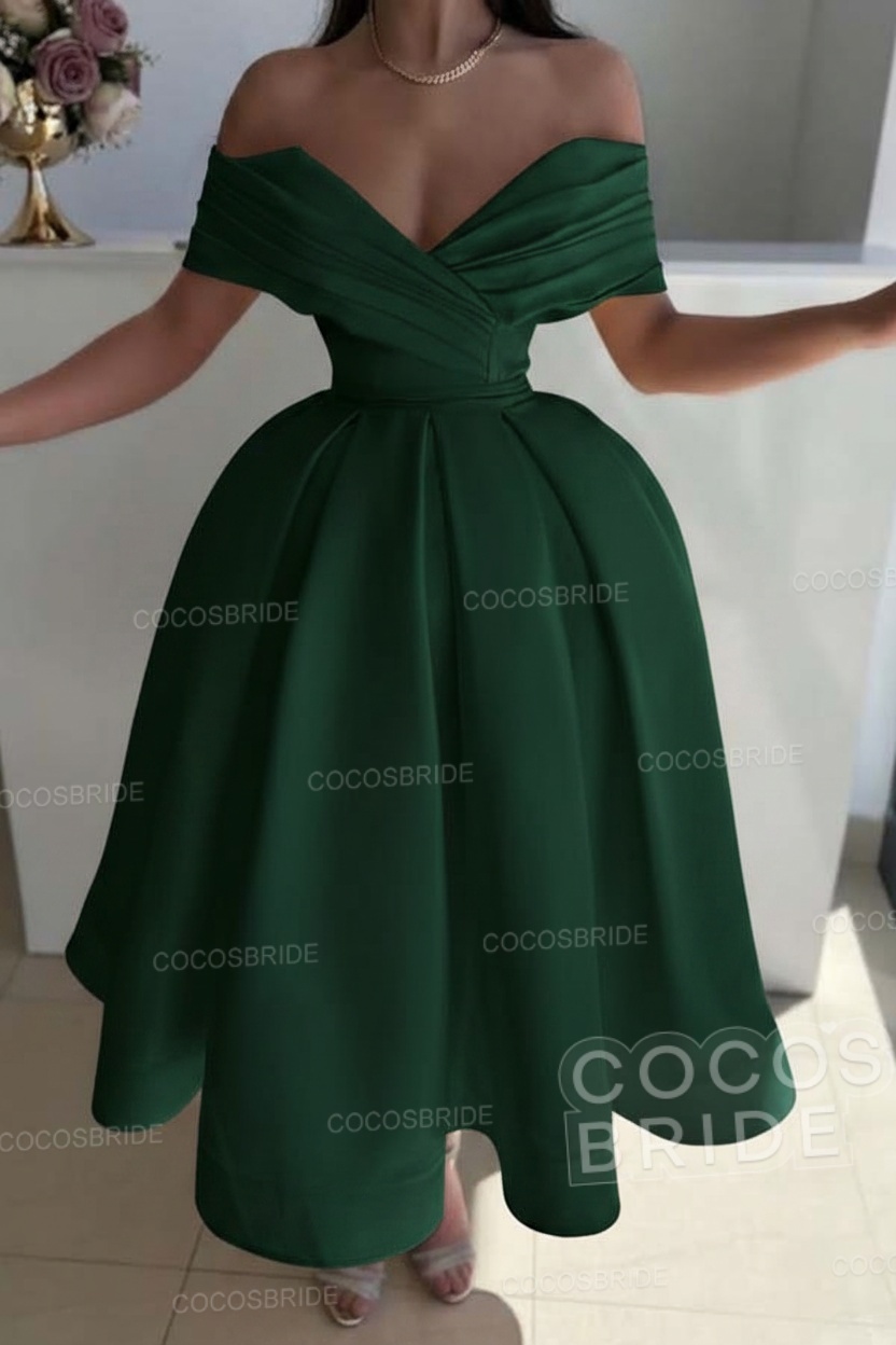 Off the Shoulder A-Line Satin Prom Dress with Pleated