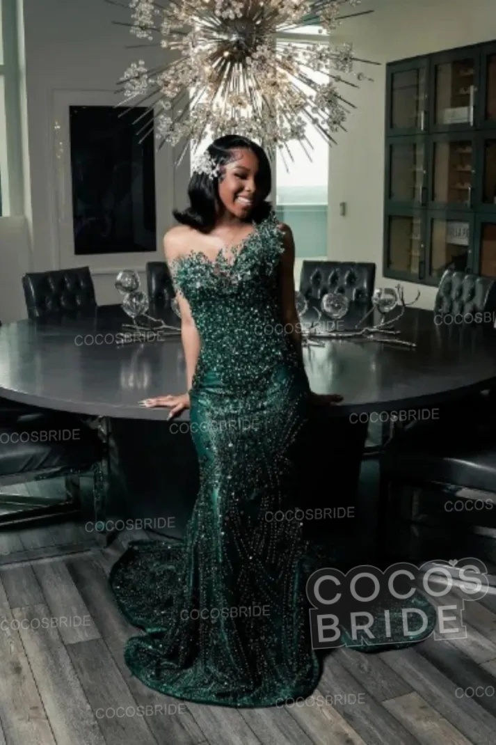 One Shoulder Sleeveless Mermaid Prom Dress with Beaded