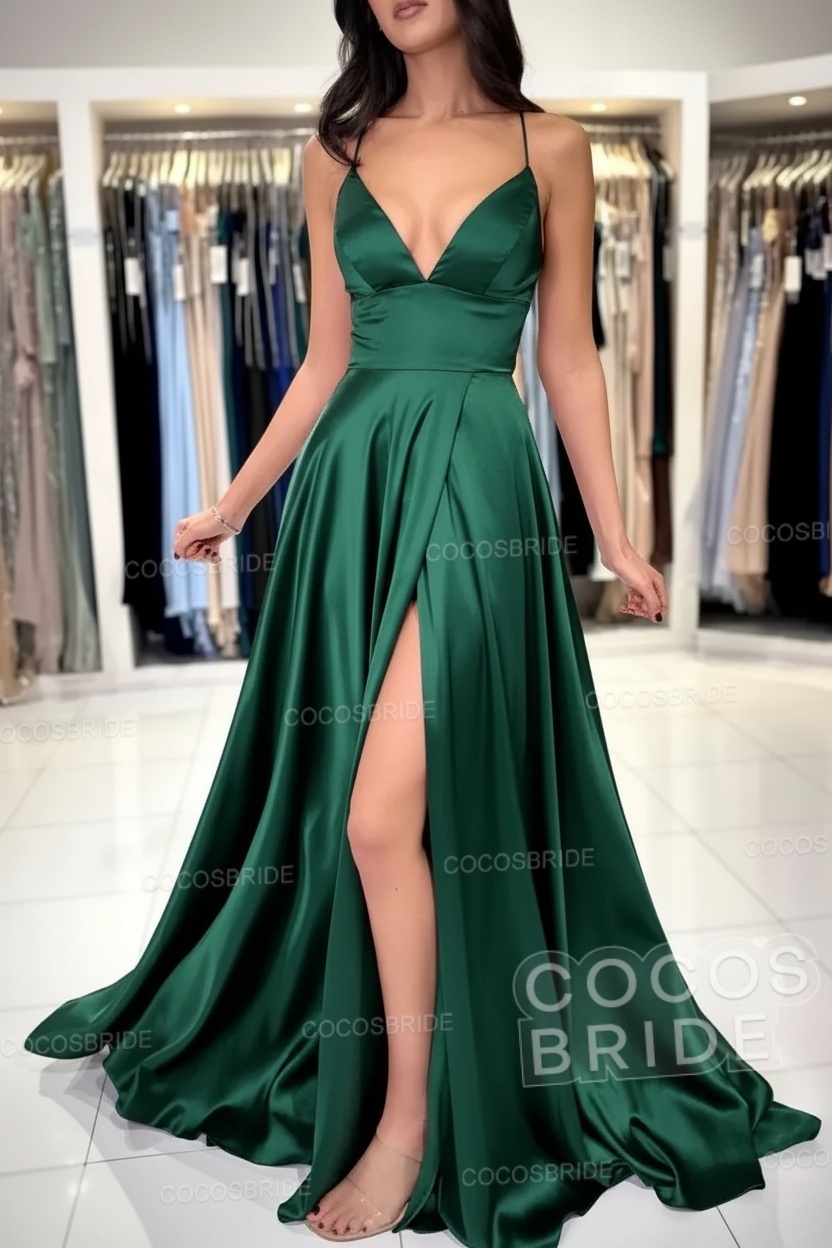 Simple Long A-line V-neck Satin Backless Formal Prom Dresses with Slit