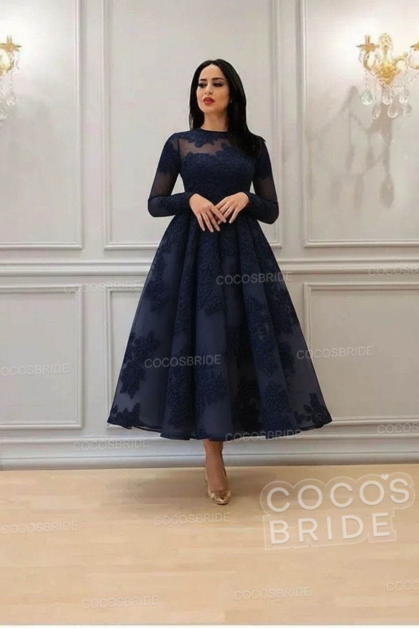 Elegant Short A-line High Neck Lace Ankle Length Formal Evening Dress with Sleeves