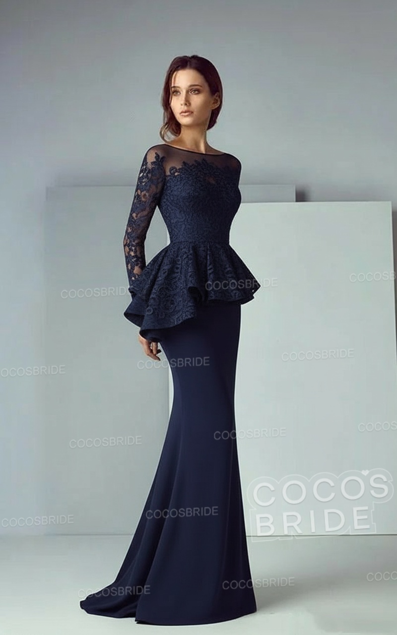 Modest Long Mermaid Lace Satin Formal Prom Dresses with Sleeves