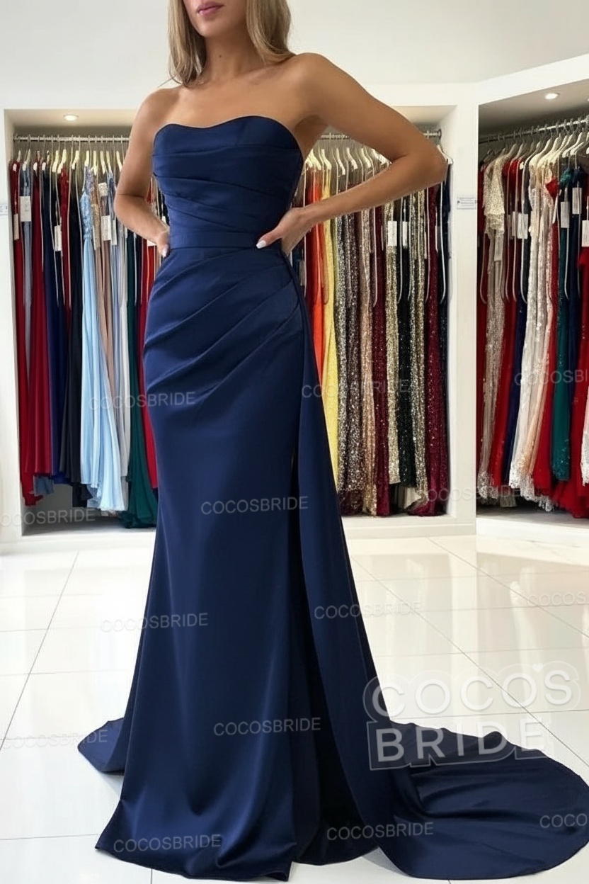 Long Mermaid Strapless Satin Prom Dress with Slit
