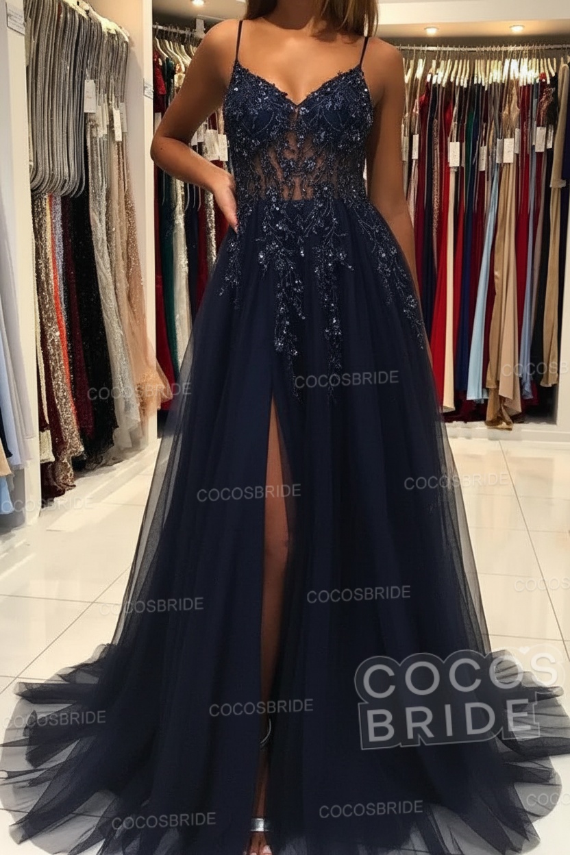 Long A-line V-neck Spaghetti Straps Open Back Prom Dress with Slit