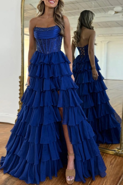 Long A-line Strapless Chiffon Front Slit Prom Dress