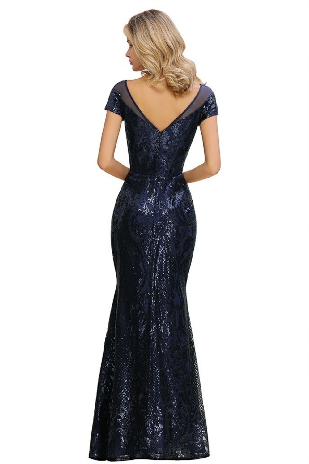 Dark Navy Long Mermaid Sequin Formal Evening Dresses with Sleeves