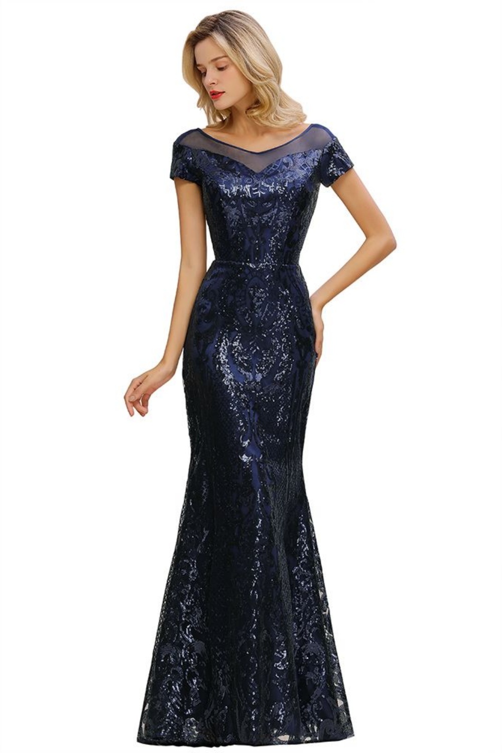 Dark Navy Long Mermaid Sequin Formal Evening Dresses with Sleeves