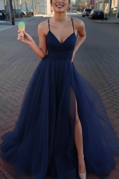 Long Spaghetti Straps V-neck A-Line Tulle Prom Dress With Side Slit
