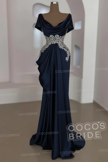 Mermaid Cowl Neck Satin Long Prom Dresses with Short Sleeves