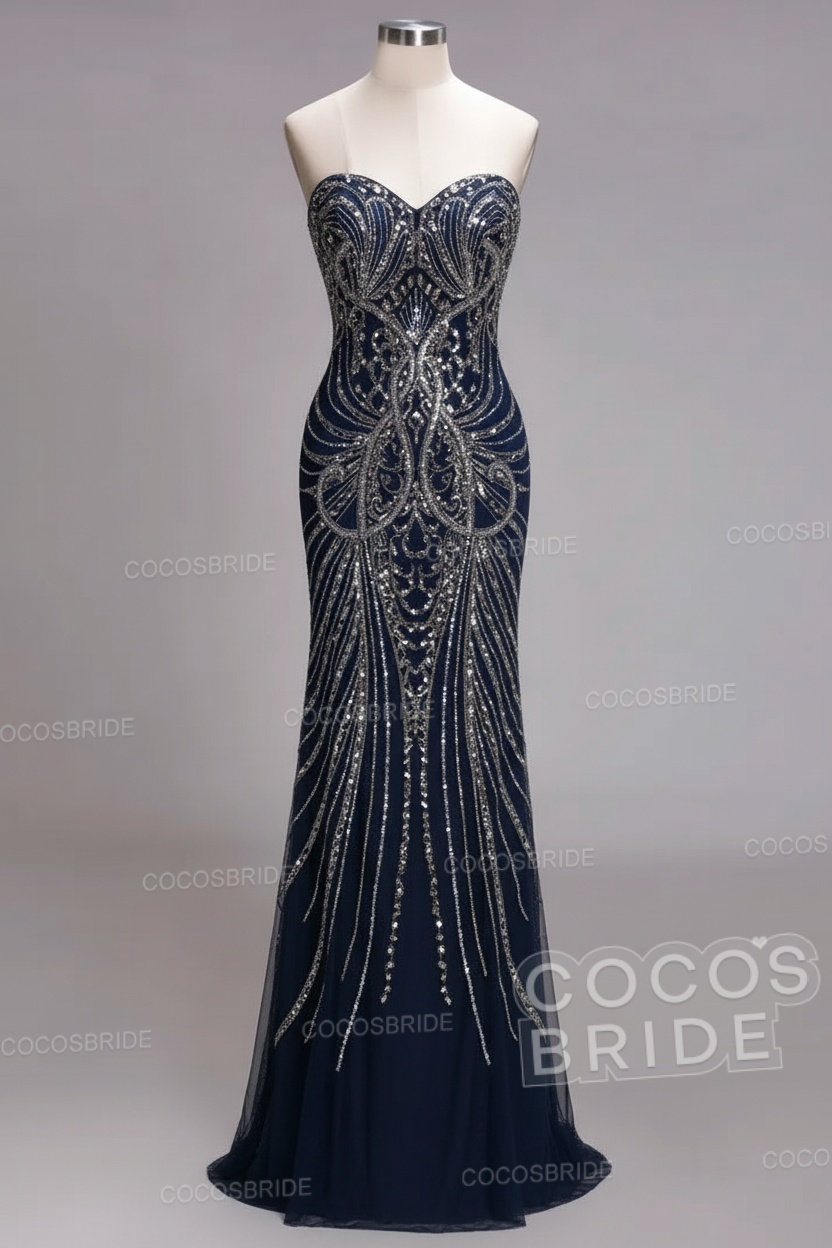 Mermaid Strapless Sweetheart Long Sequined Formal Evening Dresses with Beads