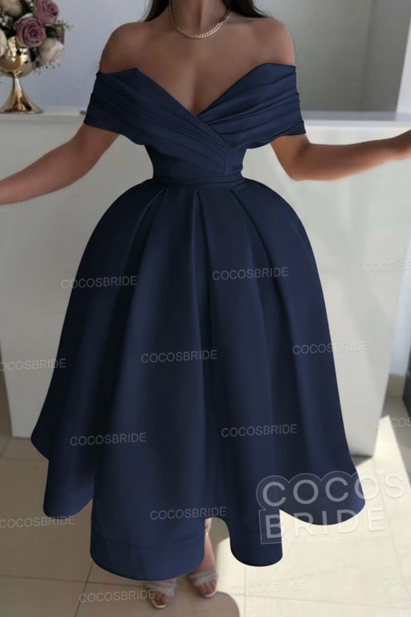 Off the Shoulder A-Line Satin Prom Dress with Pleated