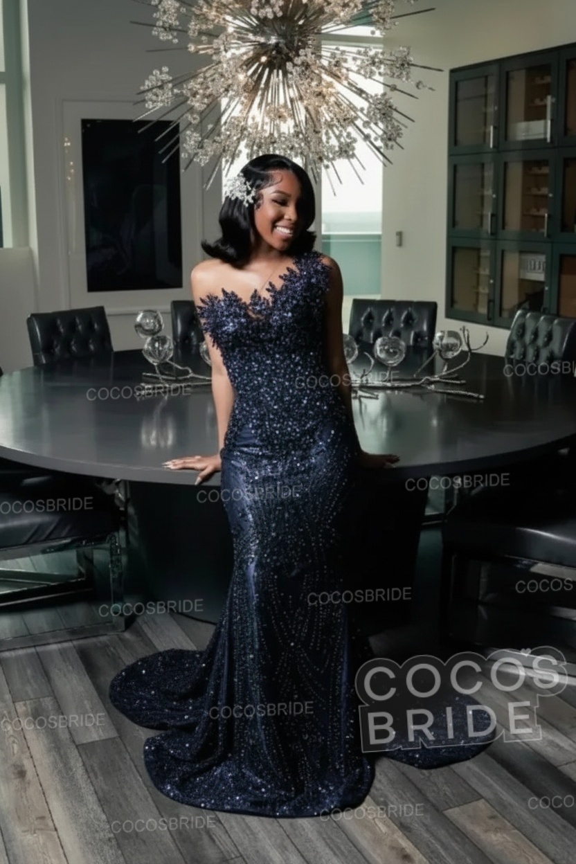 One Shoulder Sleeveless Mermaid Prom Dress with Beaded