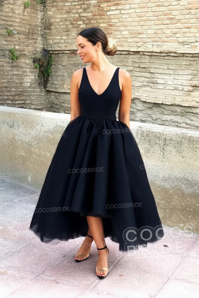 Simple Black V-neck Sleeveless Asymmetrical A-Line Prom Dresses