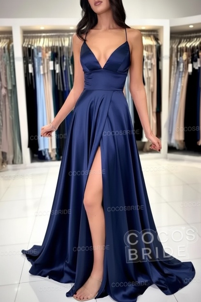 Simple Long A-line V-neck Satin Backless Formal Prom Dresses with Slit